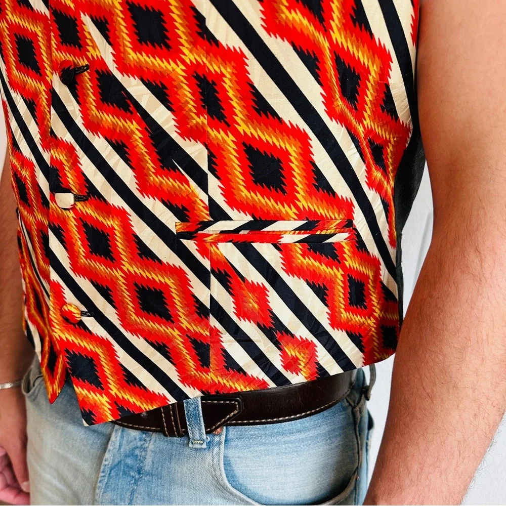 Vintage Silk Southwestern Vest Mens Orange Black Navajo Western Cowboy Chevron - Picture 5 of 10